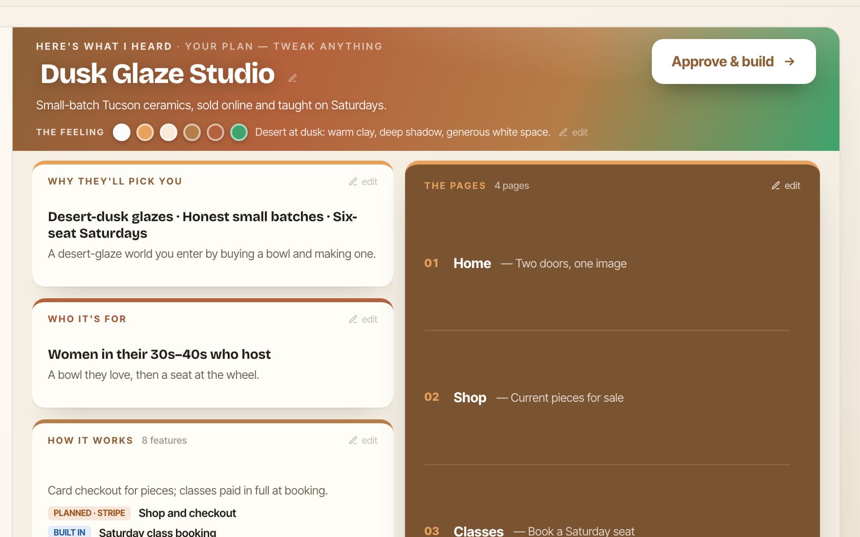 The Steed plan screen: the business name, its feeling and palette, and cards for who it's for, how it works and the pages.