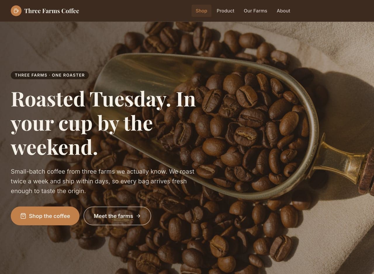 Three Farms Coffee — a real business site built and published with Steed